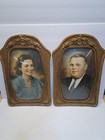 Vintage Pair Of Antique Curved Bubble Glass Convex Gold Frames Husband And Wife
