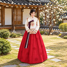 Korean Hanbok Women Ivory Floral Embroidery Red Skirt Wedding Traditional Dress