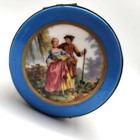 French Limoges Powder Box Antique Couple Mirrored Blue Enamel Top Jewelry De19