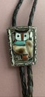 Signed 1950s Zuni Sterling Multi-stone Mosaic Inlay Owl Bolo Tie Bennett Clasp