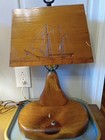 Vntg Nautical Schooner Solid Wood Handmade Table Lamp Carved Wooden Shade Rare