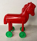 Vintage Red Rosbro Hard Plastic Horse On Wheels Christmas Pull Toy