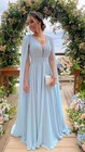 Light Blue Chiffon Evening Gown V Neck Cape Sleeve Formal Bridesmaid Prom Dress