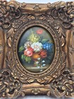 1980 s Signed Original Floral Still Life Oil Painting Convex Panel Ornate Frame