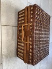 Vintage Wicker Picnic Basket For Serves 4 Blue Gingham Fabric Lined Plasticware