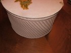 Vintage 1940   s Pink Round Wicker wood Sewing Basket Box Floral Decals