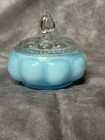 Vintage Fenton Powder Blue Cased Glass Melon Powder Jar Vanity Box W  Clear Lid