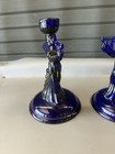 Set Of 2 Vtg 8  Cobalt Blue Glass Angel Playing Harp Candle Holders Candlesticks