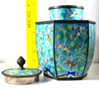 Antique Chinese Cloisonne Gorgeous Tea Caddy 6 Sided Blue With Flowers 7 2 3 