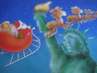 Unused Vintage Greeting Card Sunrise Christmas Santa Flying By Statue Of Liberty