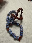 Vintage Chevron Millefiori Style African Trade Bead Necklace Blue Red Glass Cane