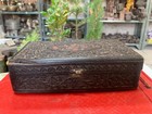 Vintage Wooden Jewelry Box Brass Inlay Hand Carved Floral Design Storage Case