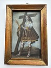 Antique Painting Religious Icon Iconic Portrait Retablo Metal Cross 19th Century