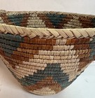 Vtg Southwestern Native Style Basket Hand Woven 9  Coiled 3 Color Nat Rust Teal