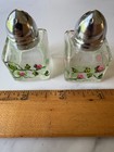 Vintage Hand Painted Salt Pepper Shakers Set Glass Pink Flower Floral Mini Cube