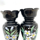 Pair Antique Bohemian Black Amethyst Hand Blown Glass Vases Enameled Bristol