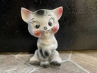 Cat Kitten Figurine Paw Up White Gray Pink Blue Eyes Vintage Japan Ceramic 4 