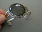 Native American Navajo Domed Oval Jet Sterling Silver Rope Cuff Bracelet Signed
