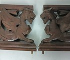 Couple  French Corbels Dragons Hand Carved Wood Brackets Gothic Architectural He