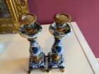 Vintage Brass And Ceramic Blue And White Candle Stuck Holder 7    Tall Set Of 2
