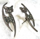 Vintage Marcasite 925 Silver Plated Pierced Cat Post Earrings Signed Mp Prioli