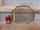 Vintage Mcm Georges Briard Glass Tray Gold Flowers Teak Handles 12 5 x10 5 