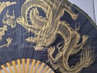 Asian Large Dragon Fan Cloth Black Gold Folding Thailand 
