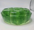 Vintage Uranium Glass Flower Frog-13 Hole - 5    Diameter W feet See Pics