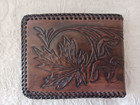 Vtg Hand Tooled Brown Leather Wallet Folding Billfold Leaf Patterns Klw Initials
