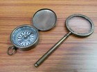 Antique Brass Magnifying Glass With Brass Nautical Lid Compass Collectible Style