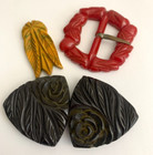 Vtg Retro Carved Bakelite Mixed Lot Red Black Buckle And Butterscotch Pendant