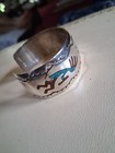 Native Henry Baca Sterling Silver Turquoise Coral Inlaid Cuff 25 8 g Signed Hb