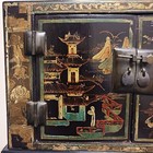 Beautiful Antique Black Laquered Chinese Chest On Stand W  Gold Paited Pagodas
