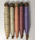Vtg Wooden Sewing Bobbins With Thread yarn Set Of 5 Lot 16