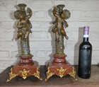 Pair Antique French Spelter Metal Putti Cherub Candle Holders Marble Base Rare