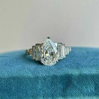 4 25ct Pear Lab Created Diamond Antique Vintage Baguette Ring 14k White Gold Fn