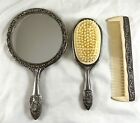Vintage Silver Plated Vanity Dresser 3 Piece Set Hair Brush  Comb  Mirror
