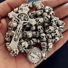 Saint St benedict Rosary Crucifix Cross Silver Skull Beads Catholic Necklace