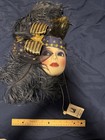 Vintage Clay Art Lady Face Mask W feathers Ceramic Wall Hanging With Music