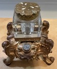 Antique Rococo Revival Glass Inkwell Ornate Gold Gilt Metal Footed Stand