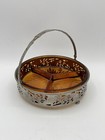 Vintage Farberware Pin Chrome Handled Basket Amber Divided Glass Condiment Dish