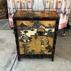 Vintage Mid-century Chinese Black And Gold Lacquer  Cabinet With Mother Of Pearl