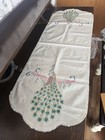 Vintage Peacock Embroidered Linen Table Runner Hand Stitched Mid Cent