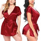 Women s Sexy Satin Lingerie Robes Silky Sleepwear Nightgown Deep-v Kimono Robes