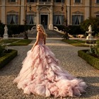 Fluffy Mesh Flowers Evening Dresses Sweetheart Pink Party Prom Gowns Sweep Train