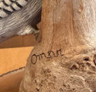 20  Omar Carved Wood Downy Woodpecker Birds Pair Feeding Baby Signed Bakri Tree