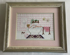 Framed Cross Stitch Lady Tub Bathroom Wall Art Pink Romantic Kitschy Core Signed