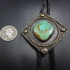 Old 1930s Bolo Tie Sterling Silver Blue-green Turquoise Black Leather 925 Tips