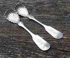  2  Antique James Watts Coin Silver Shell Shaped Bowls Condiment Spoons