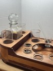Vtg Glass Decanters Shot Drinking Glasses Serving Tray Straws Stir Set Gold Trim